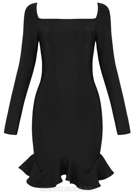 Herve Leger Black Long Sleeve Fluted Bandage Dress
