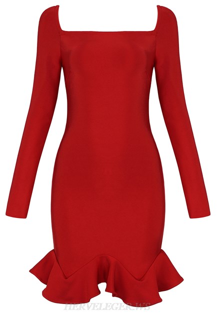 Herve Leger Red Long Sleeve Fluted Bandage Dress