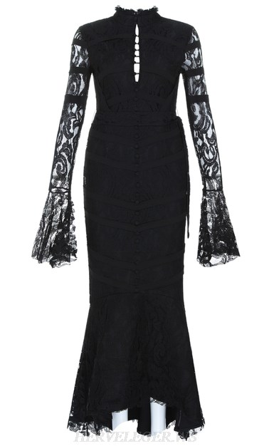 Herve Leger Black Long Sleeve Fluted Lace Bandage Dress