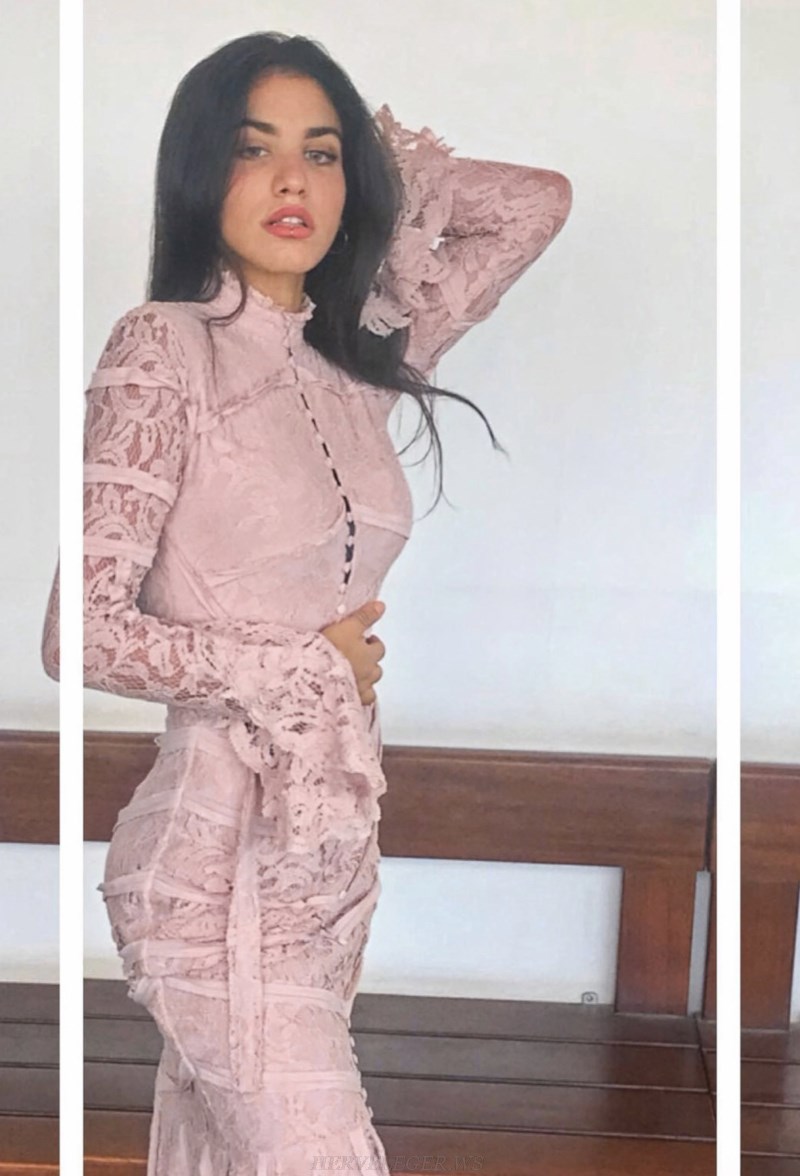 Herve Leger Pink Long Sleeve Fluted Lace Bandage Dress