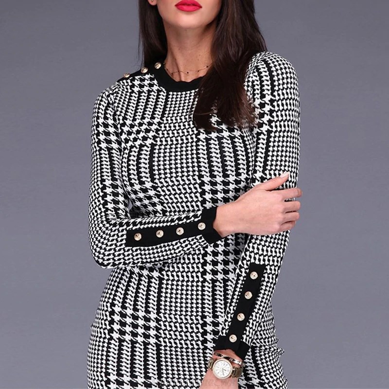 Herve Leger Black And White Long Sleeve Houndstooth Print Bandage Dress