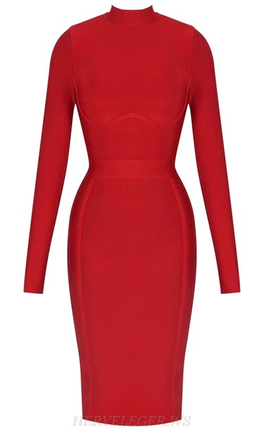 Herve Leger Red Long Sleeve Bandage Dress
