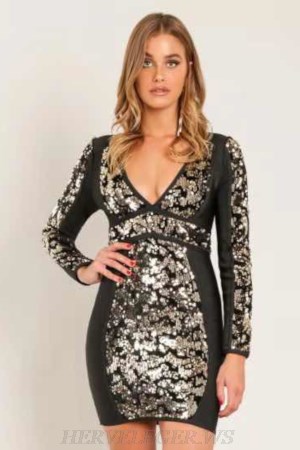 Herve Leger Black Long Sleeve Plunge Sequin Bandage Dress