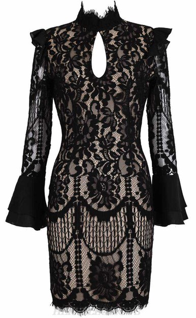 Herve Leger Black Long Sleeve Scalloped Lace Bandage Dress