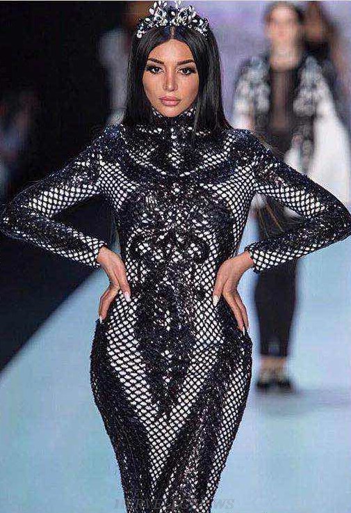 Herve Leger Black Long Sleeve Sequin Dress