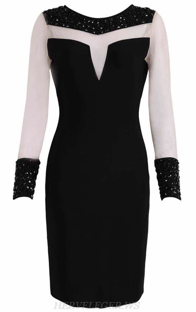 Herve Leger Black Long Sleeve Sequin Mesh Bandage Dress
