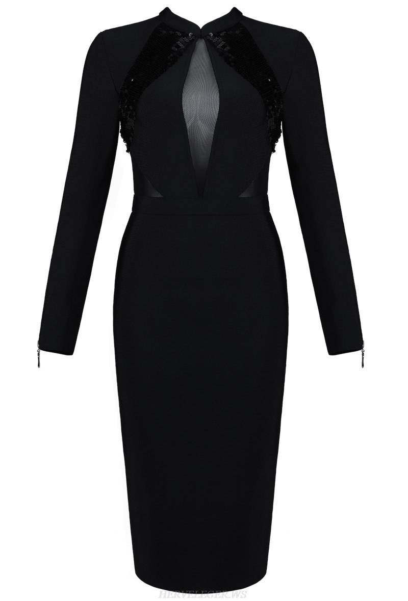 Herve Leger Black Long Sleeve Sequin Bandage Dress
