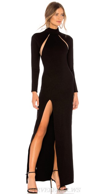 Herve Leger Black Long Sleeve Slit Gown