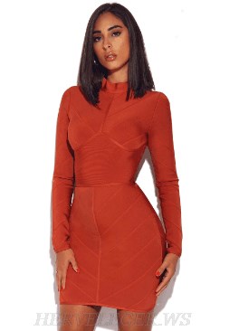 Herve Leger Rust Long Sleeve Structured Bandage Dress