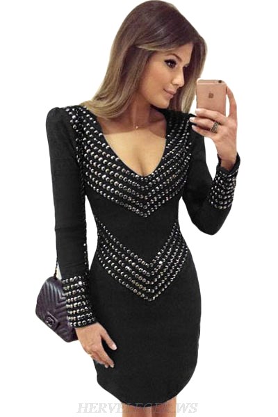 Herve Leger Black Long Sleeve Studded Bandage Dress