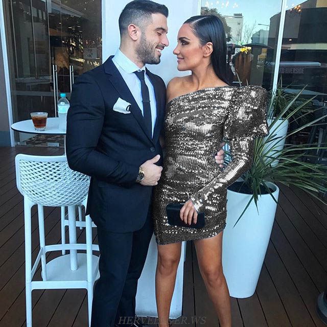 Herve Leger Silver Puff One Sleeve Dress