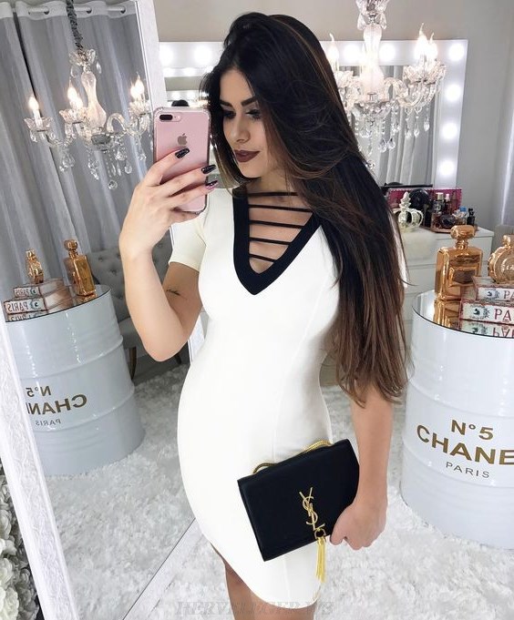 Herve Leger Black And White Short Sleeve Bandage Dress