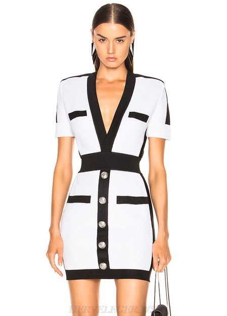 Herve Leger Black And White Short Sleeve Button Bandage Dress