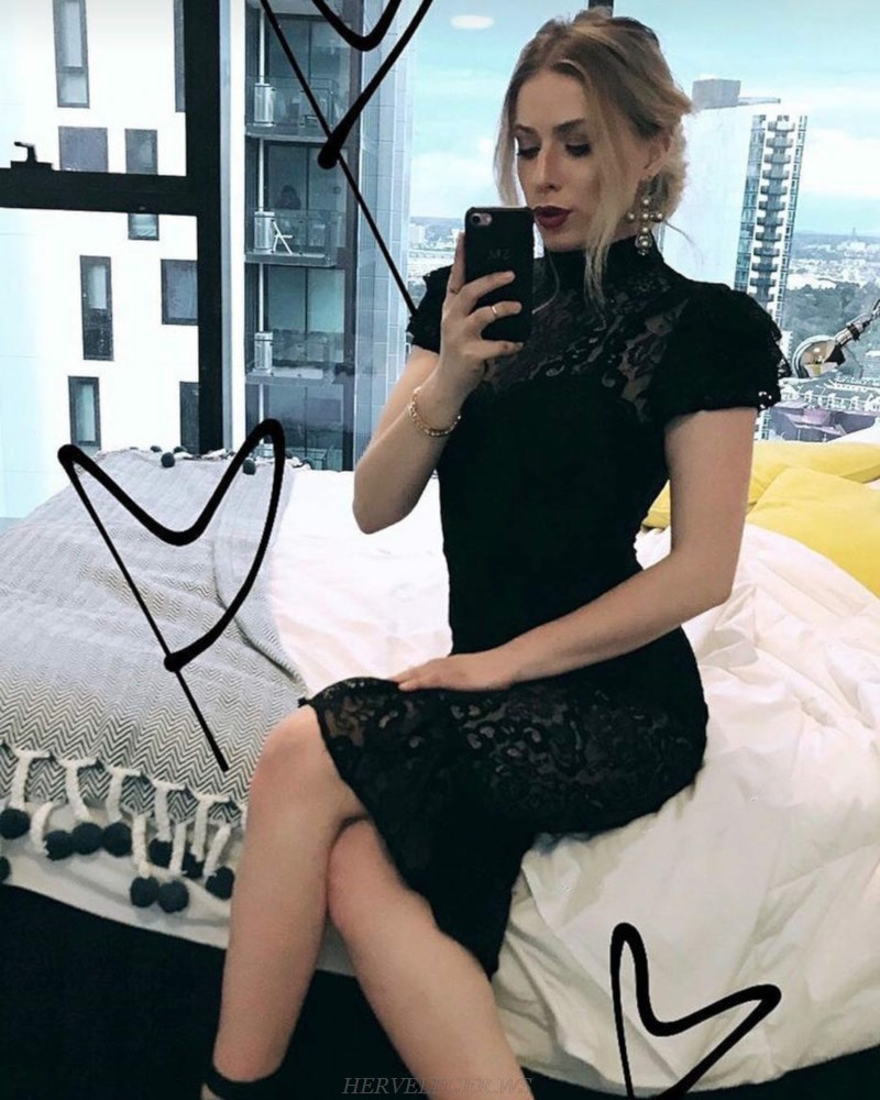 Herve Leger Black Short Sleeve Lace Bandage Dress