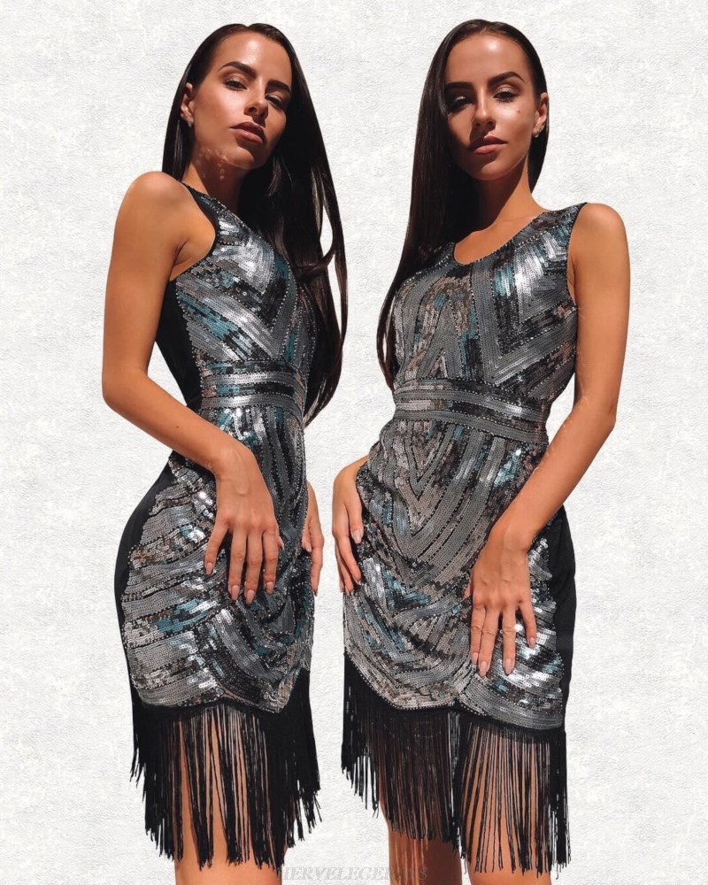 Herve Leger Silver Black Silver Tassel Bandage Dress