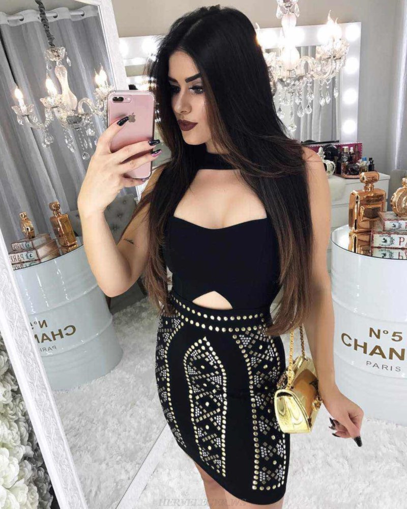 Herve Leger Black Studded Cut Out Bandage Dress