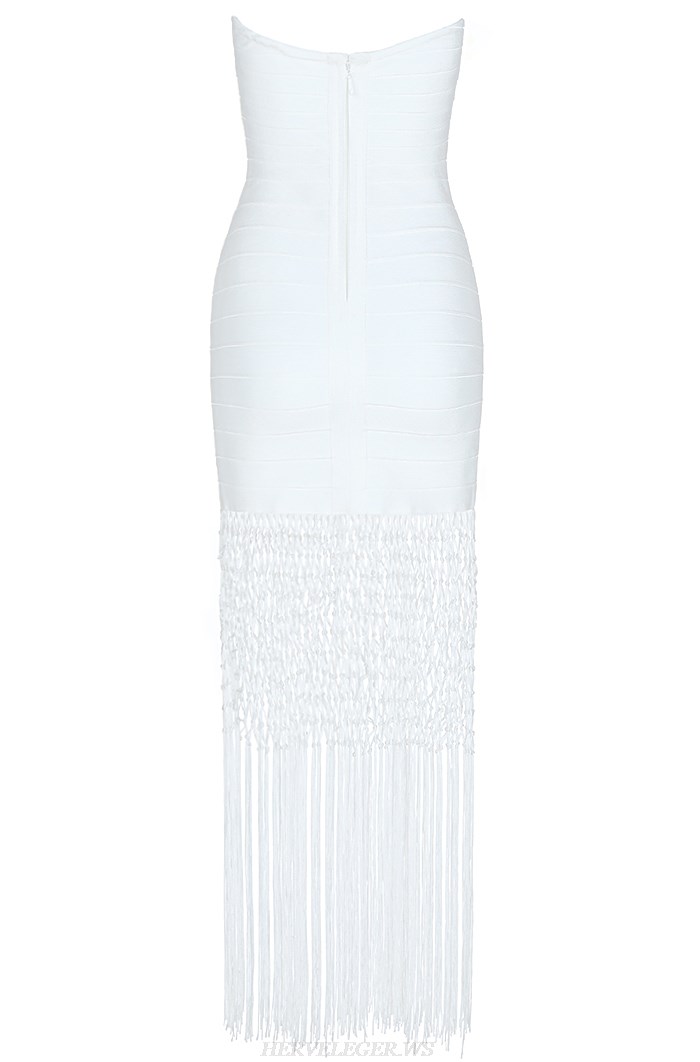 Herve Leger White Strapless Bandeau Fringe Bandage Dress