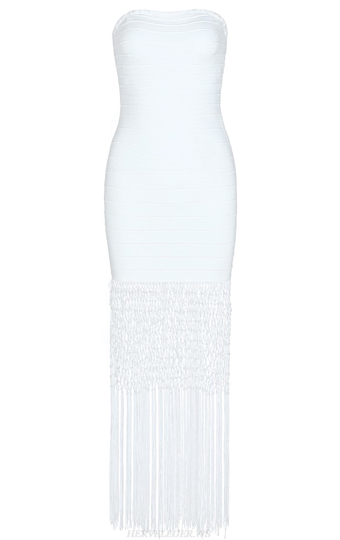 Herve Leger White Strapless Bandeau Fringe Bandage Dress