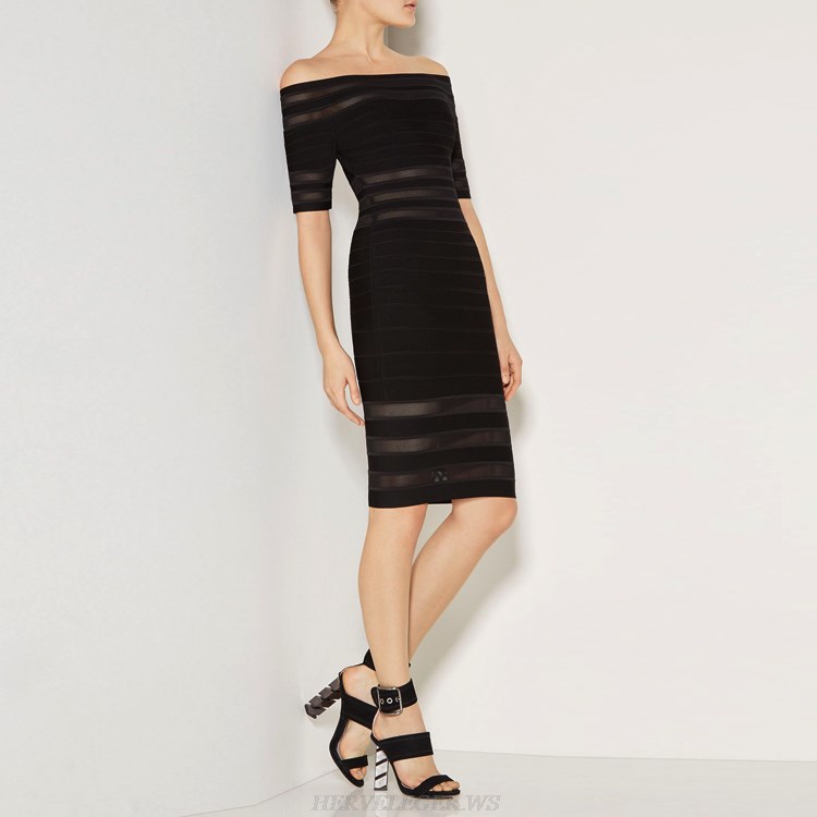 Herve Leger Black Bardot Multistitch Crochet Strapless Bandage Dress