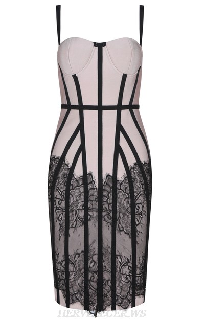 Herve Leger Nude Pink Black Bustier Lace Bandage Dress