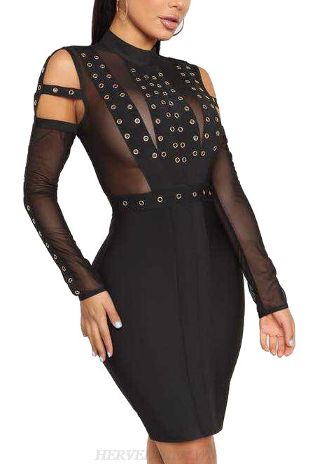 Herve Leger Black Cold Shoulder Studded Mesh Bandage Dress