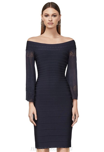 Herve Leger Black Crochet Sleeve Bandage Dress