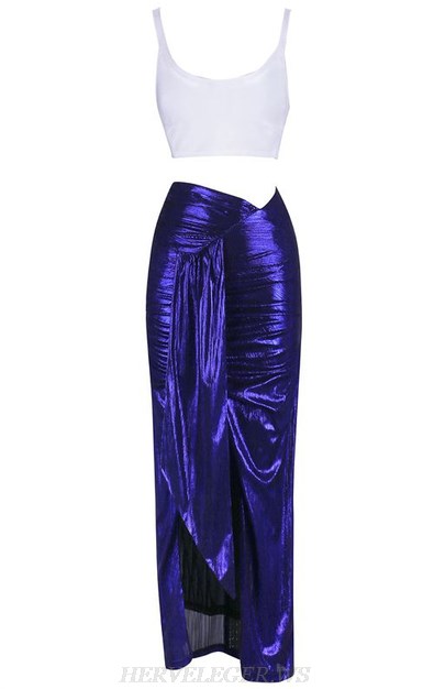 Herve Leger White Blue Draped Two Piece Bandage Dress