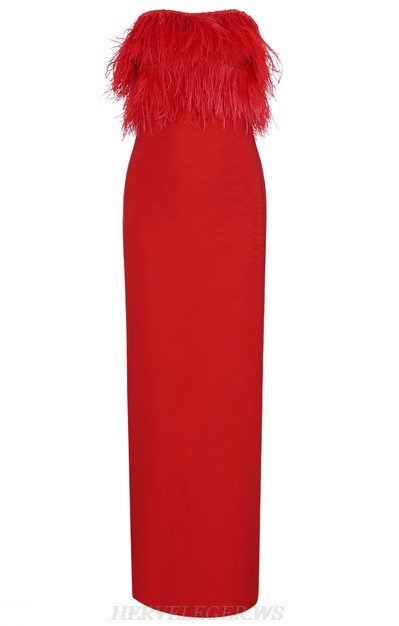 Herve Leger Red Strapless Feather Bandeau Gown