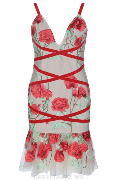 Herve Leger Red Nude Floral Fluted Bandage Dress