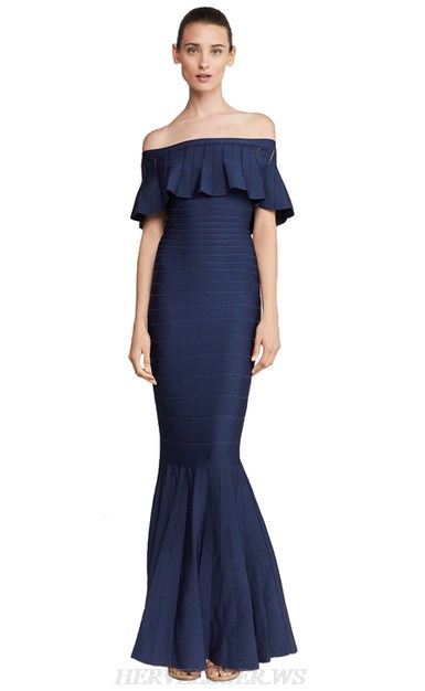 Herve Leger Blue Strapless Frill Bardot Mermaid Gown