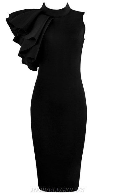 Herve Leger Black Frill Detail Bandage Dress