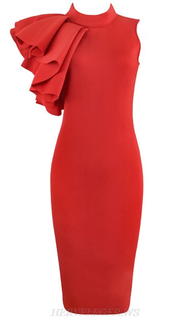 Herve Leger Red Frill Detail Bandage Dress
