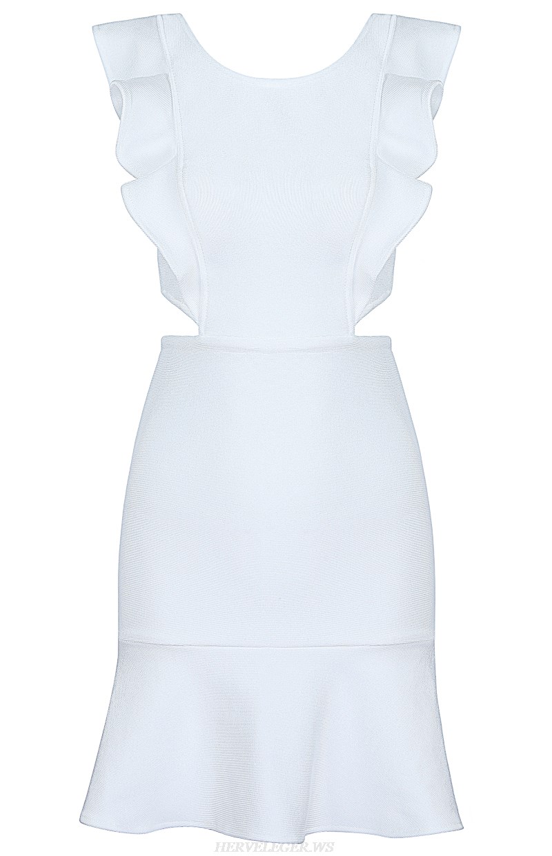 Herve Leger White A Line Frill Fluted Bandage Dress