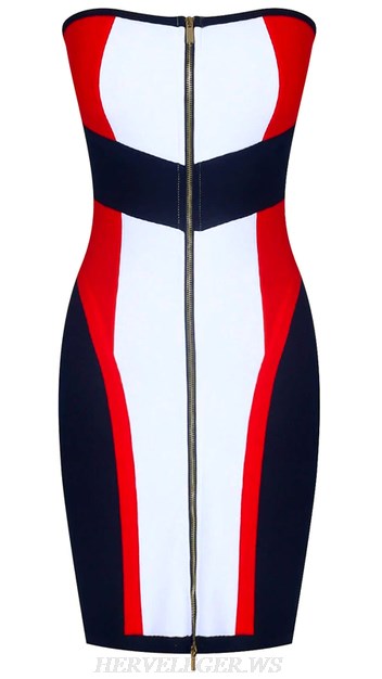 Herve Leger Black White Red Strapless Front Zipper Bandeau Bandage Dress