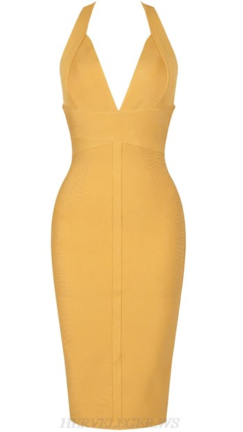 Herve Leger Mustard V Neck Halter Backless Bandage Dress