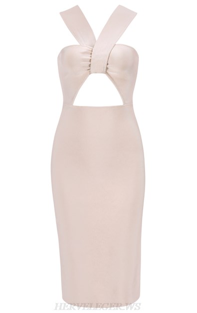 Herve Leger Nude Pink Halter Cut Out Bandage Dress