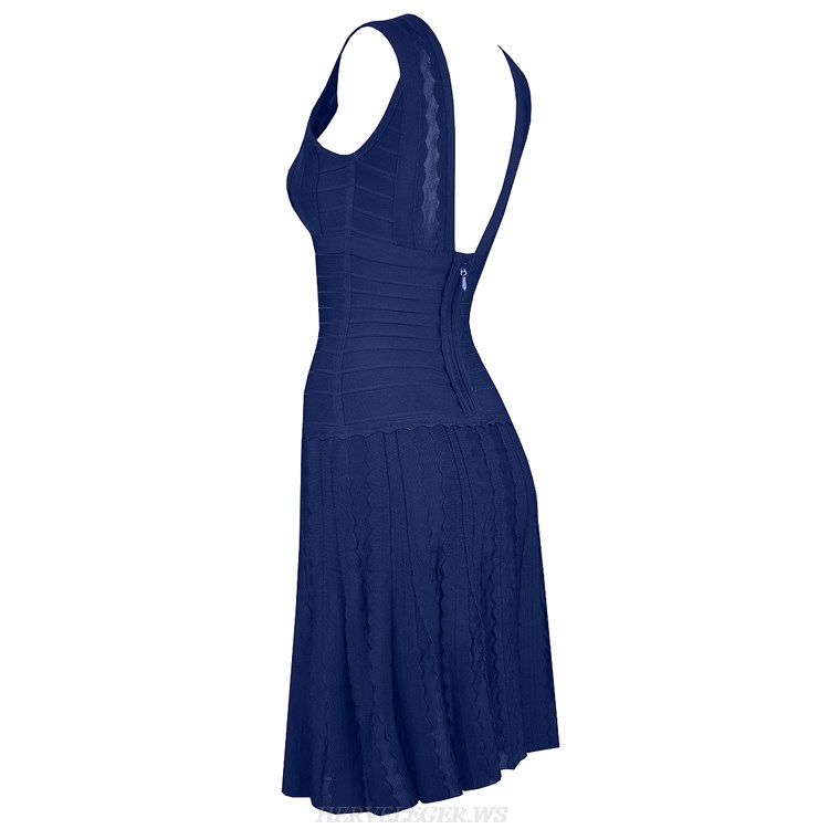 Herve Leger Black And Blue Multi Color V Neck Pointelle-Trimmed Fringe Bandage Dress
