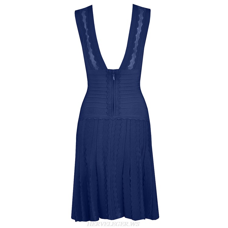 Herve Leger Black And Blue Multi Color V Neck Pointelle-Trimmed Fringe Bandage Dress