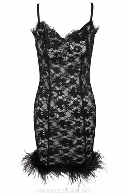 Herve Leger Black Lace Feather Bandage Dress