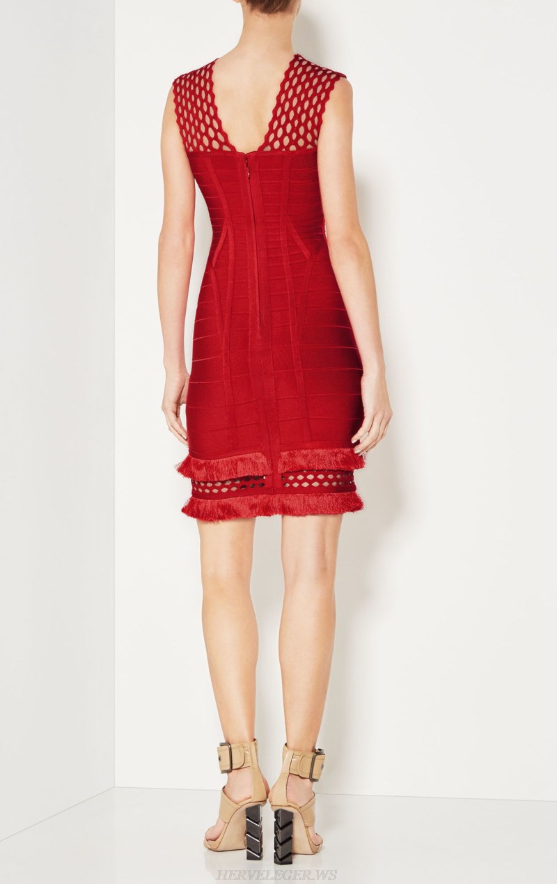 Herve Leger Red Laser Cut Tassel Bandage Dress