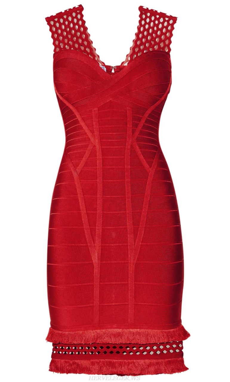 Herve Leger Red Laser Cut Tassel Bandage Dress