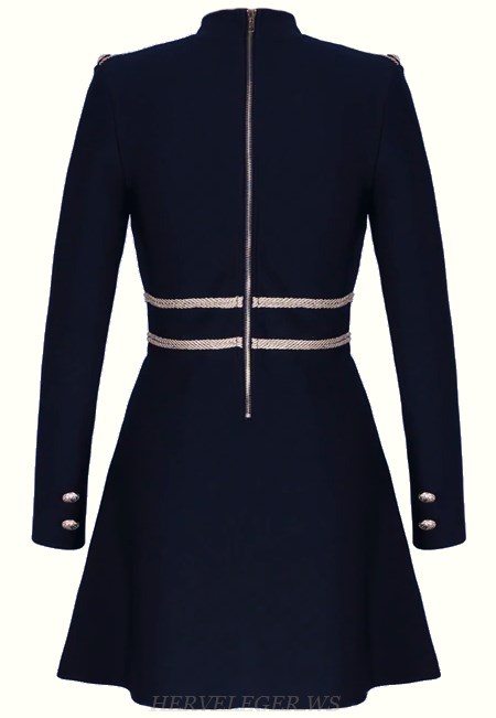Herve Leger Black Long Sleeve A Line Officer Bandage Dress