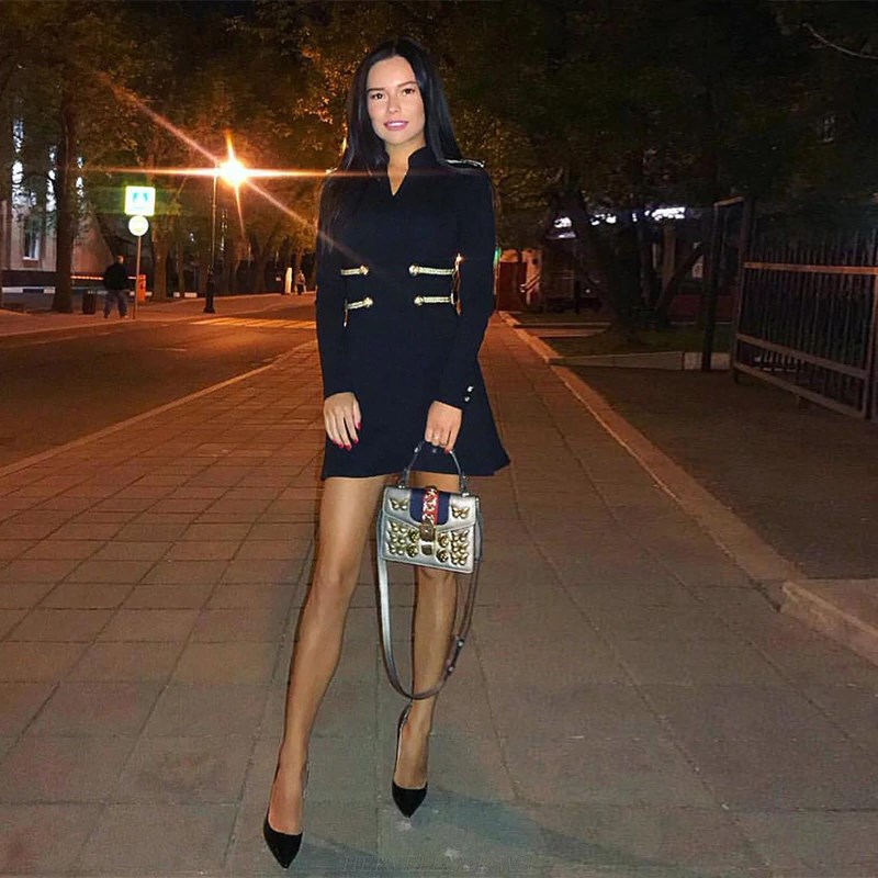 Herve Leger Black Long Sleeve A Line Officer Bandage Dress