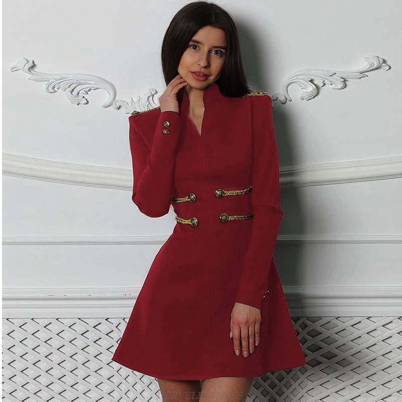 Herve Leger Burgundy V Neck Long Sleeve A Line Officer Bandage Dress