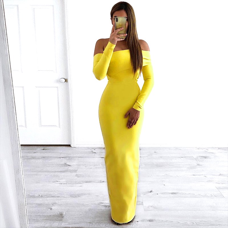 Herve Leger Yellow Strapless Long Sleeve Bardot Gown