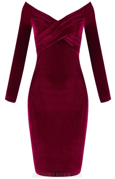 Herve Leger Red Long Sleeve Bardot Velvet Strapless Dress