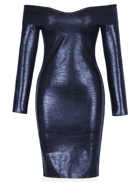 Herve Leger Black Strapless Long Sleeve Bardot Woodgrain Foil Print Bandage Dress