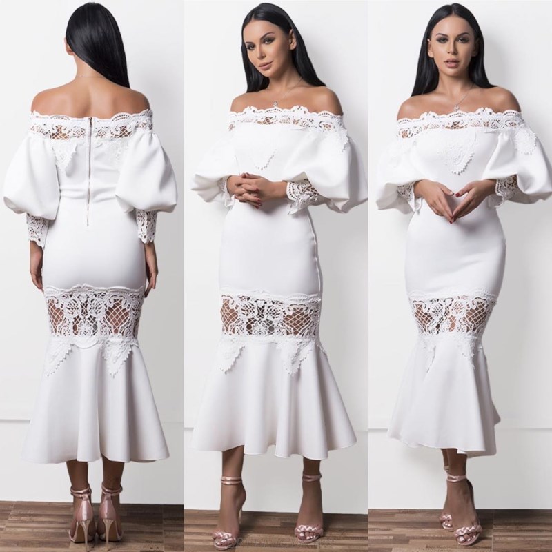 Herve Leger White Strapless Long Sleeve Crochet Bardot Fluted Gown