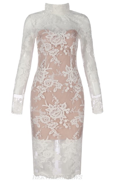 Herve Leger White Nude Long Sleeve Lace Bandage Dress