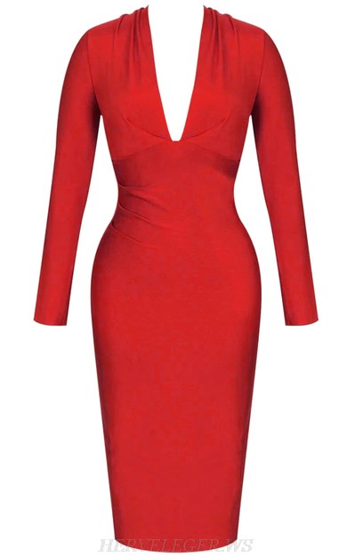 Herve Leger Red V Neck Long Sleeve Plunge Bandage Dress